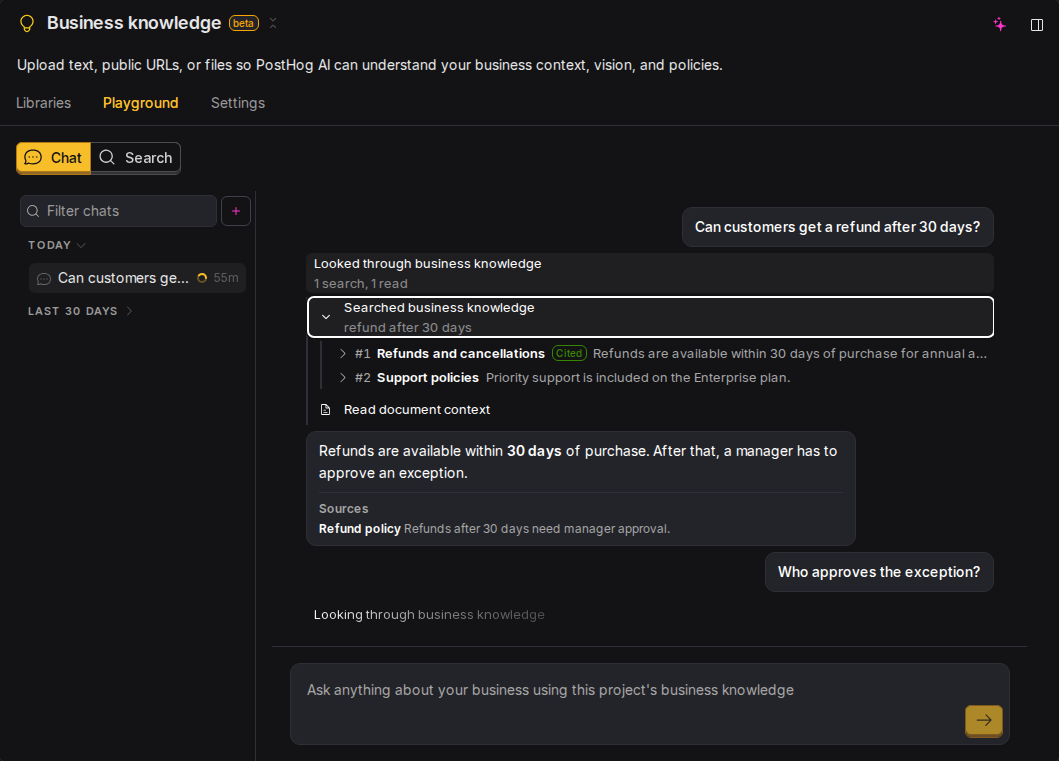 A Playground chat with the Looked through business knowledge row open, showing a search step and its ranked chunks, one tagged Cited